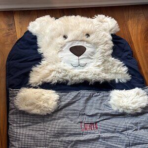 Pottery Barn Kids Faux Fur Teddy Bear Sleeping Bag Gingham Blue & White 71x 29"